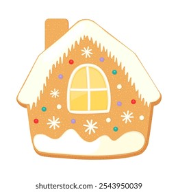 Christmas gingerbread house cute cookie. Cartoon vector illustration home shortbread red sugar icing. Shortcrust pastry bakery single item. Winter holiday sweet shortcake gingerbread house icon.