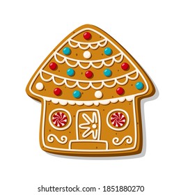 Christmas gingerbread house. Festive homemade sweet cookies. Vector illustration