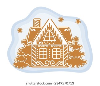 Christmas gingerbread house with fir trees and text Merry christmas. Illustration, vector	
