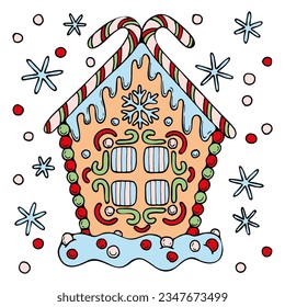 Christmas gingerbread house flat. Holiday sweets. Hand drawn line art illustration.