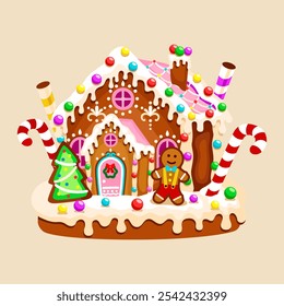 Christmas gingerbread house flat vector illustration. Christmas house with cookies and candies