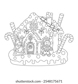 Christmas gingerbread house flat vector illustration. Christmas house with cookies and candies coloring page for kids