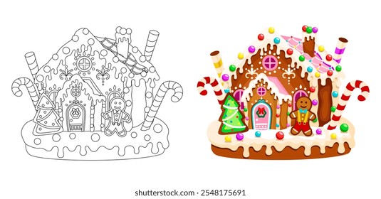 Christmas gingerbread house flat vector illustration. Christmas house with cookies and candies coloring page for kids