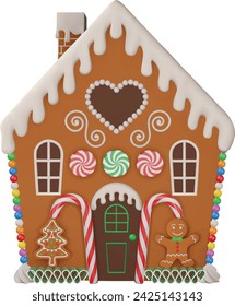 christmas gingerbread house front view. christmas house with cookies and candies