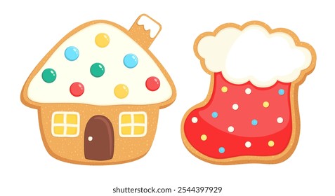 Christmas gingerbread house and gift sock cookie shapes. Xmas shortbread sugar cookies with bright icing. Gingerbread Christmas home and present boot. Cute cartoon vector illustration homemade bakery.