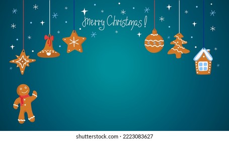 Christmas gingerbread  house,  ginger man, tree, stars and Christmas figurines. Traditional cookies, holiday dessert. Winter holiday vector illustration with isolated background.