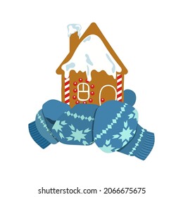 Christmas gingerbread house in hands, in mittens, on a white isolated background. Vector Christmas illustration for postcard, poster, decoration for Christmas and winter design.