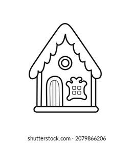 Christmas gingerbread house. Holiday decoration, treat, cookies. Outline illustration. Vector isolated emblem for logo, coloring book, tattoo, print.