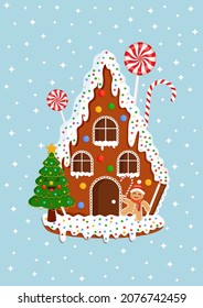 Christmas gingerbread house illustration with Christmas tree, sweets and gingerbread man for postcard, banner, poster and website