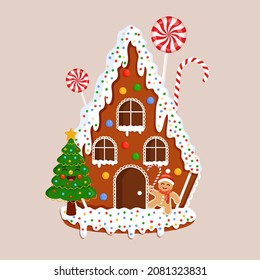 Christmas gingerbread house illustration with Christmas tree, sweets and gingerbread man for postcard, banner, poster and website.