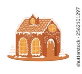 Christmas gingerbread house made of sweets and cookies. Biscuit buildings cooking decorated icing for holiday. Sugar sweet souvenir. Vector illustration of traditional Christmas cookie isolated