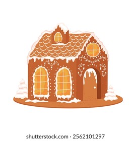 Christmas gingerbread house made of sweets and cookies. Biscuit buildings cooking decorated icing for holiday. Sugar sweet souvenir. Vector illustration of traditional Christmas cookie isolated