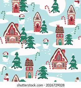 Christmas gingerbread house map biscuit, sweet desserts seamless pattern for fabric, linen, textiles and wallpaper