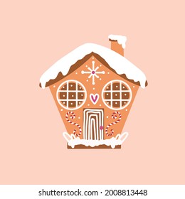 Christmas Gingerbread House. New Year sweets. Sweet Christmas traditional cookies. Vector illustration, Winter food. House isolated. Children's cute illustration. Merry Christmas, happy new year.

