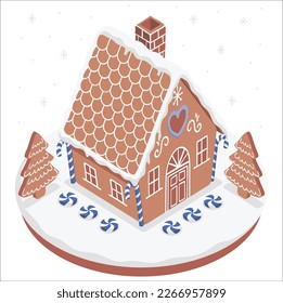 Christmas gingerbread house. New Year's sweets. Sweet Christmas Traditional Cookie. Vector illustration of Winter Food. Christmas bakery illustration. Festive traditional cookies. Homemade culinary.