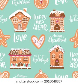 Christmas gingerbread house, seamless drawing. Cookie, hand-drawn houses. Holiday wrapping paper. Beautiful print for wrapping, fabric. Vector. Merry Christmas.