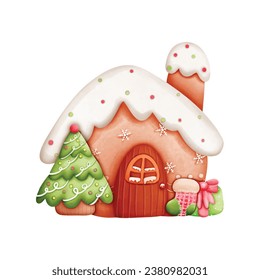 Christmas gingerbread house, Christmas tree and golf. Watercolor style, Vector illustration