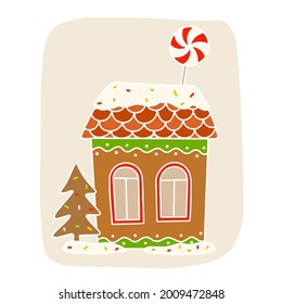 Christmas gingerbread house and Christmas tree. Illustration on  white background.