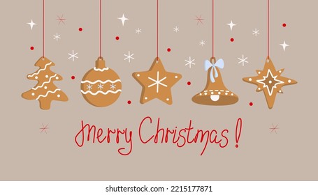 Christmas gingerbread  house, tree, stars and Christmas figurines. Traditional cookies, holiday dessert. Winter holiday vector illustration with isolated background.