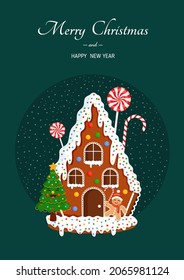 Christmas gingerbread house with tree, sweets and gingerbread man against the background of the starry sky for postcard, banner, poster and website.