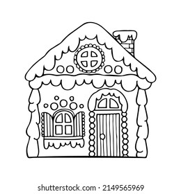 página de coloreado vectorial de la casa de jengibre de Navidad. Galletas dulces con decoraciones. Ilustración de invierno de línea dibujada a mano. Felices fiestas. Libro de Colores para niños y adultos.