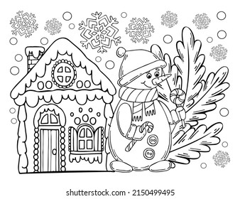 Christmas gingerbread house vector coloring page. Snowman, fir branch, snowflake. Sweet festive cookies. Hand drawn line art winter illustration. Happy holiday. Coloring book for children and adults.