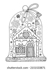 Christmas gingerbread house vector coloring page. Sweet festive cookies with decorations. Hand drawn line art winter illustration. Happy holiday. Coloring book for children and adults.