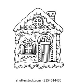 Christmas gingerbread house vector coloring page. Sweet festive cookies with decorations. Hand drawn line art winter illustration. Happy holiday. Coloring book for children and adults.