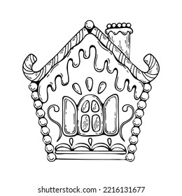 Christmas gingerbread house vector coloring page. Holiday sweets, lollipops, candies, cookies. Hand drawn line art winter illustration. Happy holiday.