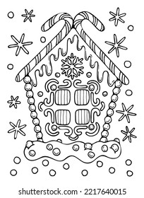 Christmas gingerbread house vector coloring page. Holiday sweets, lollipops, candies, cookies, stars. Hand drawn line art winter illustration. Happy holiday.