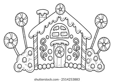 Christmas gingerbread house vector coloring page. Happy holiday. Sweets, dessert, lollipops, candies, cookies. Hand drawn line art illustration. Merry Christmas. Coloring book for kids and adults.