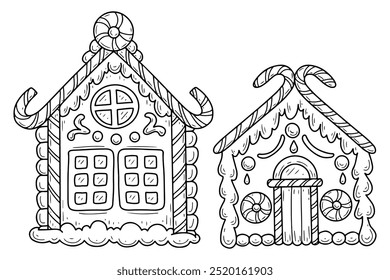 Christmas gingerbread house vector coloring page. Happy holiday. Traditional dessert. Sweets, candies, cookies. Hand drawn line art illustration. Merry Christmas. Coloring book for kids and adults.