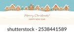 Christmas Gingerbread House Village Background. New year greeting card template with cute gingerbread houses and pine trees on blue background with snowflakes. Winter landscape web banner. Vector. 