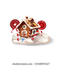 Christmas gingerbread house with whipped cream and candy isolated on white background for your creativity