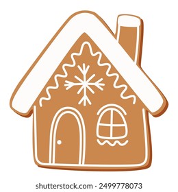 Christmas gingerbread house. Winter cookie of home shape with sweet icing. Xmas ginger bread decorated with sugar frosting. Holiday bakery art. Flat vector illustration isolated on white background