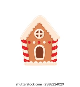 Christmas gingerbread house. Xmas festive traditional cookies with icing. Homemade biscuit. Flat vector illustration isolated on white background