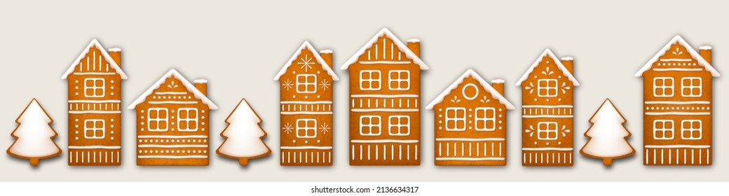 Christmas Gingerbread Houses Border. Winter Holidays Vector illustration.