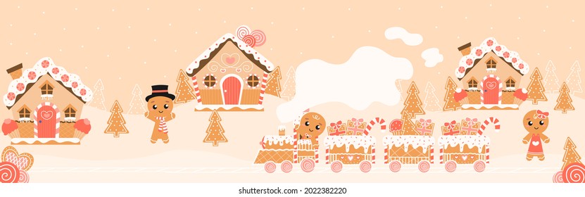 Christmas gingerbread houses, charactrs and train landscape, greeting banner in cartoon style, happy winter holidays