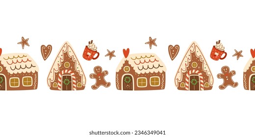 Christmas gingerbread houses cookies seamless border. Baked Christmas dessert, hot winter drink. Horizontal repeat vector illustration. Cozy winter time decorative element. Handmade Christmas dessert.