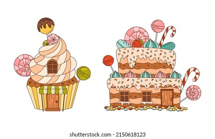 Christmas gingerbread houses decorated with glaze and sweets set. Traditional festive sweet baked dessert cartoon vector illustration