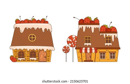 Christmas gingerbread houses decorated with glaze, sweets and berries set cartoon vector illustration