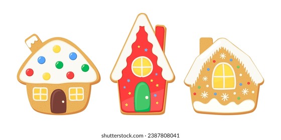 Christmas gingerbread houses. Iced sugar cookies vector illustration set. Cute cartoon gingerbread cookie icons. Biscuit cute house with window and door. Cartoon design elements home holiday cooking.