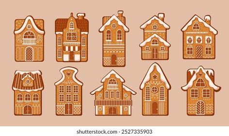 Christmas gingerbread houses with icing flat color vector objects set. Winter holiday building shaped cookies illustrations on pink background