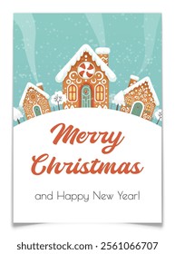 Christmas Gingerbread houses landscape postcard. Merry Christmas and Happy New Year greeting card with houses and trees on blue background. Winter scene. Cute vector illustration in flat cartoon style