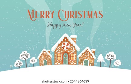 Christmas Gingerbread houses landscape. Winter scene. New year and Merry Christmas greeting card with houses and snowy trees on blue background. Cute vector illustration in flat cartoon style.