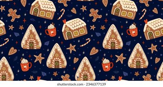 Christmas gingerbread houses seamless patterns on dark blue repeat background. Cute gingerbread cookies. Vector winter print. Christmas repeating texture, surface design, wallpaper, fabric, wrap paper