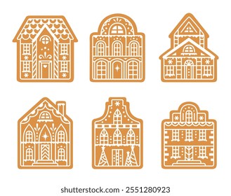 Christmas gingerbread houses vector design. Set of Traditional festive decorative gingerbread cookies.