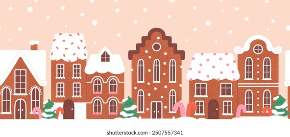 Christmas gingerbread houses. Winter street decorations seamless pattern. Sweet holidays cookies dessert, tasty european street racy vector banner