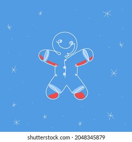 Christmas gingerbread icon illustration in one line art style by white outline with snowflakes on color background. Vector icons for business and holidays