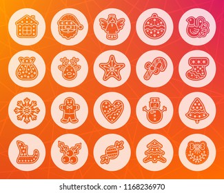 Christmas Gingerbread icons set. Sign kit of xmas cookie Sweet Food pictogram collection snowman, candy cane, angel Simple christmas gingerbread vector symbol Icon shape carved from circle on colorful